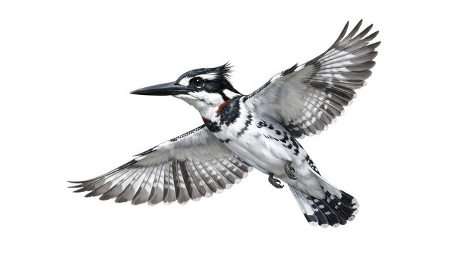 A beautiful blue jay in mid flight with wings fully extended against a white background
