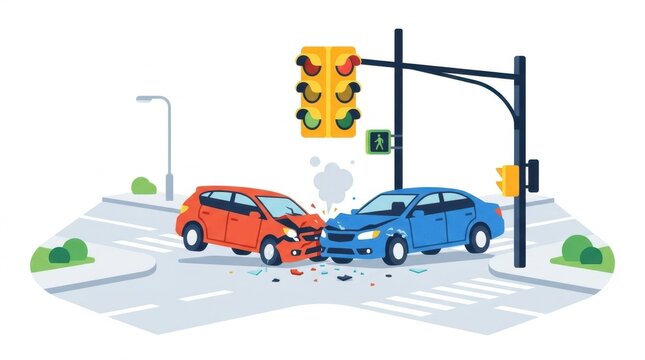 Vector illustration of two cars crashing at a city intersection