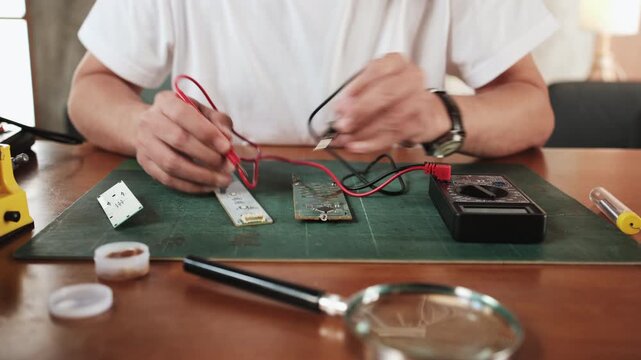 Close-up, man's hand with multimeter tool, voltage test, disassembling circuit board, focusing on precision checks for electrical appliance DIY fixes, electronics component hobby, handyman workshop.