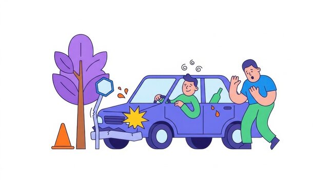 Illustration of a car accident with drunk driver and witness