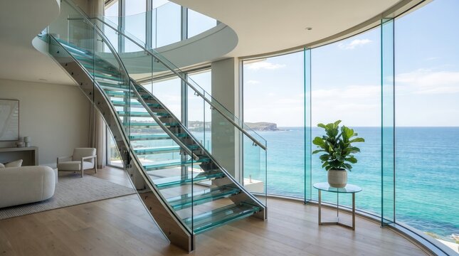 Luxury modern home interior with a stunning glass staircase overlooking a beautiful tropical ocean view