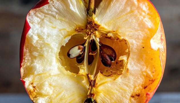 Bitten red apple core with visible seeds, food waste and composting concept
