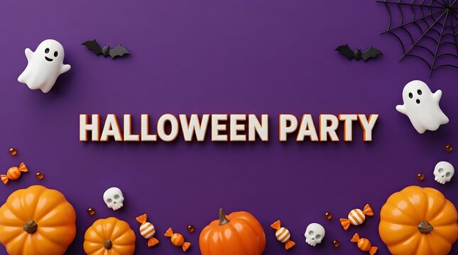 Halloween party text with pumpkins ghosts and candy on a purple background