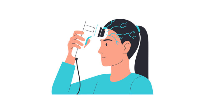 Woman Using Transcranial Magnetic Stimulation Device for Brain Health and Mental Wellness Illustration