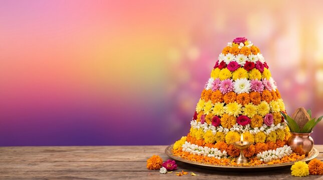 Bathukamma Festival Banner with Colorful Telangana Flower Arrangement and Copy Space