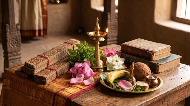 Madhvacharya Jayanti Sacred Scriptures and Diya Representing Dvaita Vedanta Philosophy