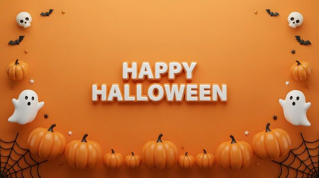 Happy halloween banner with ghosts skulls and pumpkins on an orange festive background