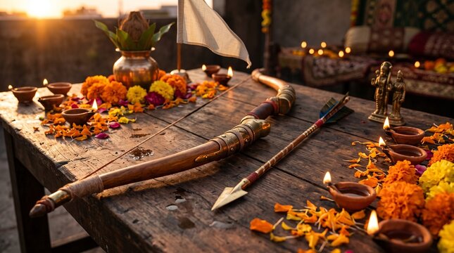 Vijayadashami Symbolic Bow and Arrow with Diyas Representing Victory of Good Over Evil