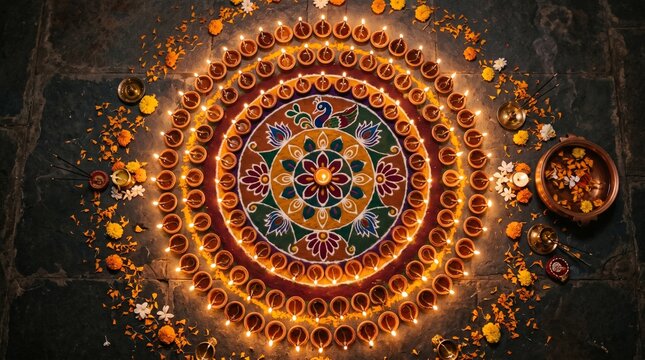 Diwali Festival Celebration with Glowing Diyas and Colorful Rangoli Mandala
