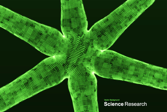 3D molecule. Molecular structure. The green structure glows against a dark background. Digital model of a chemical nano object. Innovations and discoveries. Scientific illustration. Vector for design.