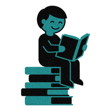 Graphic Illustration of a Boy Sitting on a Stack of Books Reading a Book, Isolated Icon on Transparent Background