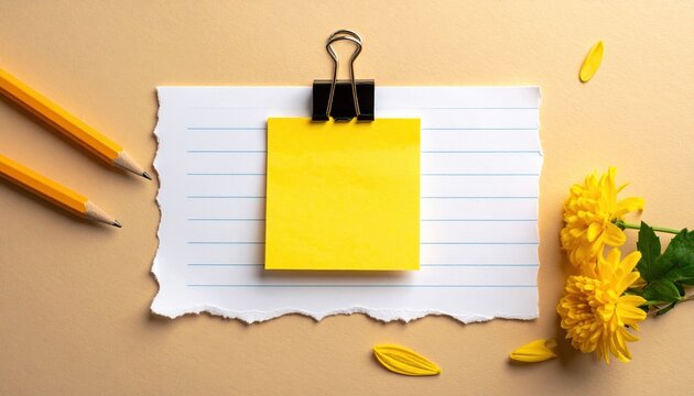 Academic stationery collage featuring torn lined paper, yellow sticky note and metal binder clip, clean educational concept, warm neutral background
