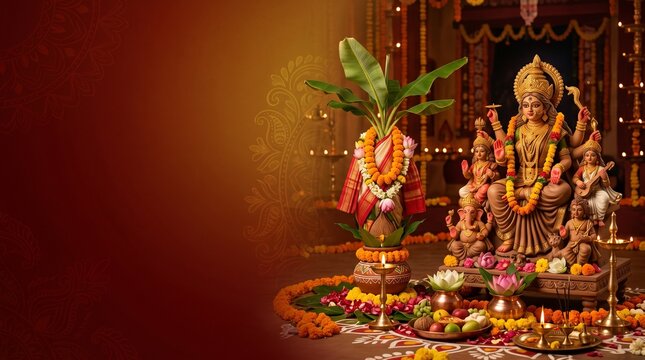 Maha Saptami Durga Puja Festival Banner with Goddess Durga and Nabapatrika Copy Space