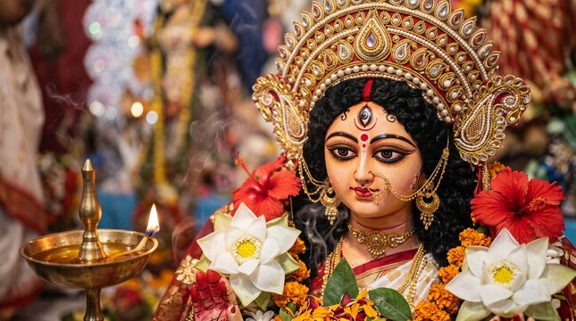 Durga Puja Goddess Durga Idol with Lotus, Hibiscus and Traditional Bengali Floral Decorations