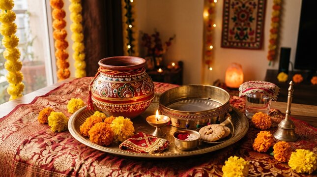 Karwa Chauth Festival Thali with Decorated Karwa Pot, Diya, Sieve and Traditional Indian Ritual Items