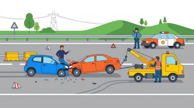 Car accident scene on highway with tow truck and police illustration