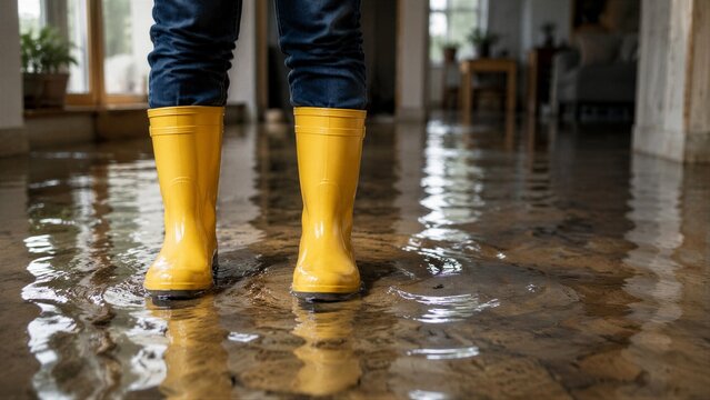 Person wearing yellow boots standing on flooded wooden floor indoors