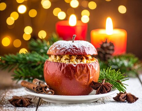 Frisch gebackener Bratapfel serviert in festlicher Weihnachtsdekoration auf Holztisch