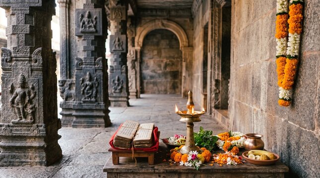 Madhvacharya Jayanti Hindu Spiritual Celebration with Sacred Scriptures and Traditional Diya