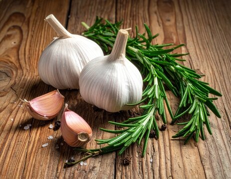 Frischer Knoblauch und Rosmarin arrangiert auf rustikalem Holzhintergrund