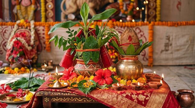 Maha Saptami Nabapatrika Ritual with Banana Plant, Flowers, Kalash and Diyas