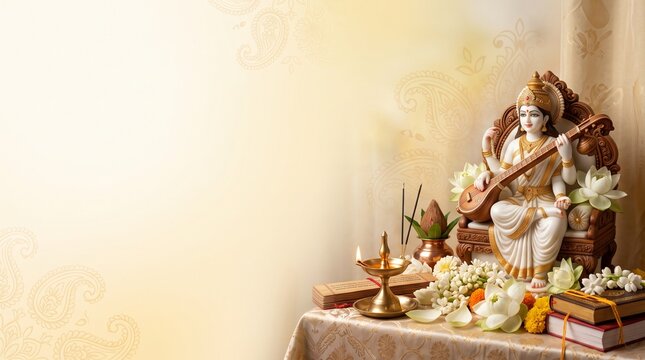 Saraswati Avahan Festival Banner with Goddess Saraswati Veena and Golden Copy Space
