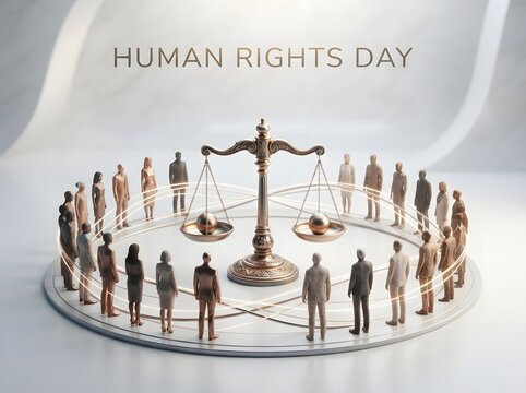 Group of diverse people standing in a circle around a scale of justice for human rights day