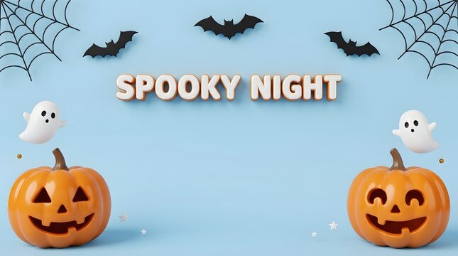 Spooky night halloween background with pumpkins bats ghosts and cobwebs on blue color