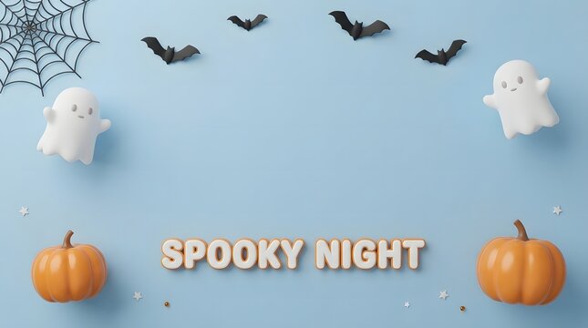 Spooky night greeting card with ghosts pumpkins bats and spider web on blue background