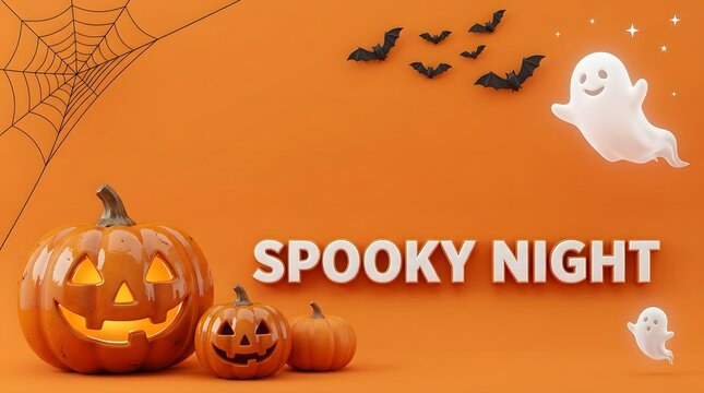 Spooky night halloween background with pumpkins ghost bats and spider web illustration