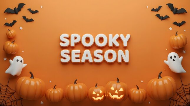 Spooky season text with pumpkins bats and ghosts on an orange halloween background