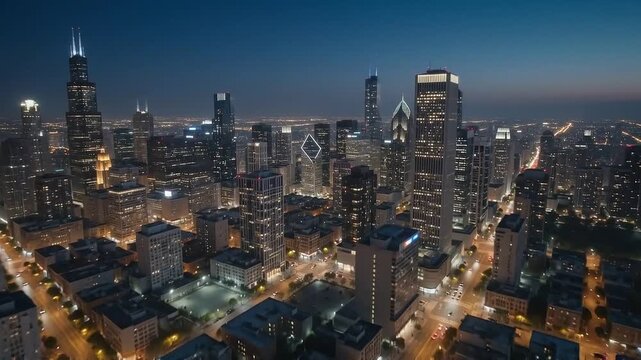 Aerial view of Chicago downtown skyline at night, Willis Tower, city lights, urban landscape, skyscrapers, time lapse, night city, skyscraper aerial photography