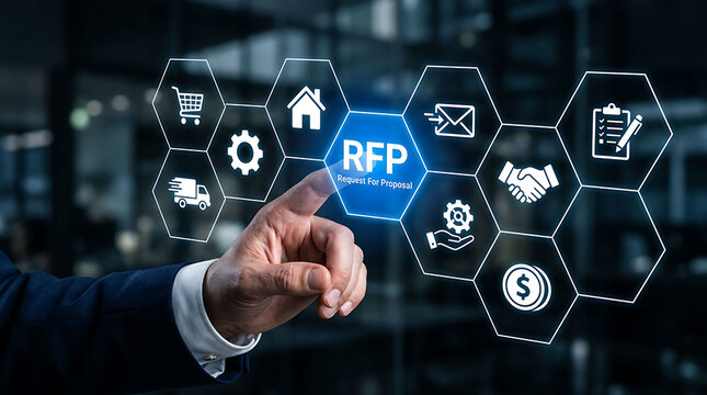 Businessman Touching RFP Request For Proposal Button On Futuristic Virtual Screen