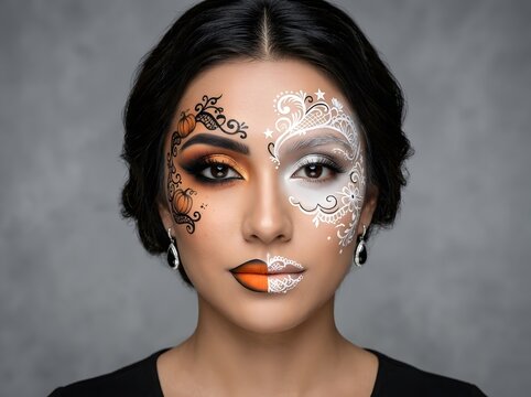 Beautiful woman portrait with creative artistic face paint and detailed makeup design