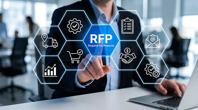 Businessman Touching RFP Request For Proposal Button On Digital Futuristic Screen