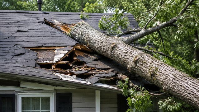 Large fallen tree crushing residential roof after storm damage