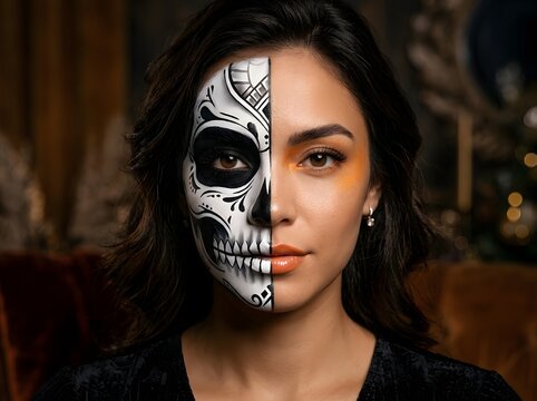 Young woman with half face sugar skull makeup for day of the dead celebration portrait