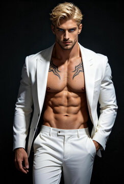 Handsome muscular blonde man with chest tattoos in white suit, mafia alpha dark romance book cover