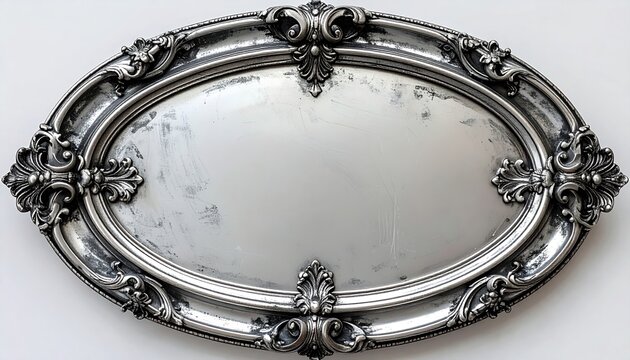 Elegant oval silver frame with carved metallic ornamentation, antique patina, classical decorative style, realistic studio photography