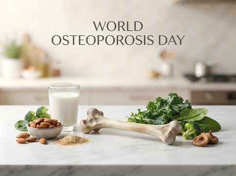 World osteoporosis day concept with calcium rich food like milk almonds and broccoli