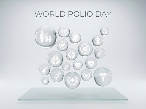 World polio day banner design with floating bubbles and medical health care symbols