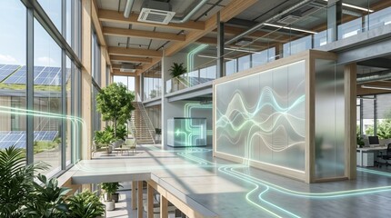 Fototapeta premium Futuristic sustainable office with solar panels and energy data flow