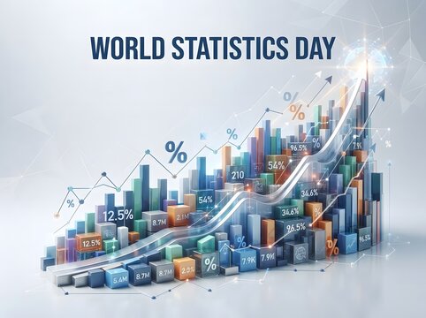 World statistics day colorful 3d bar chart showing growth and financial data analysis