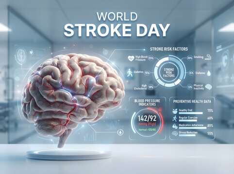 World stroke day medical infographic showing human brain anatomy and health risk factors
