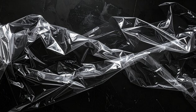 Dark transparent plastic wrap stretched across a black surface, dramatic reflections, wrinkles and folds, futuristic grunge texture