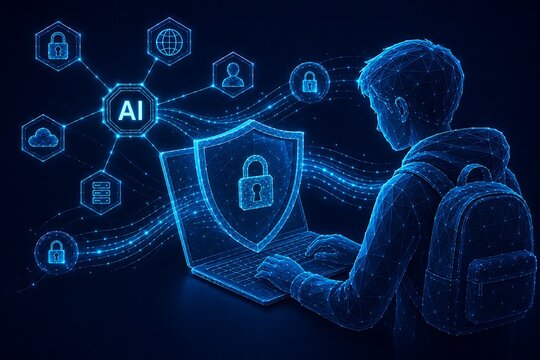 Digital student profile interacting with cybersecurity hologram interface. back to school with technology cybersecurity hologram interface technology. back to school with technology