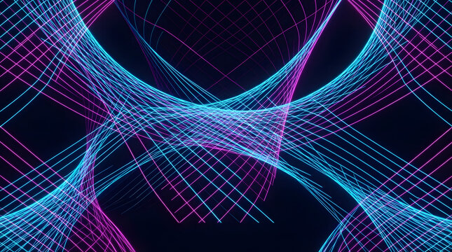 Abstract 3D hyperbolic paraboloid mesh with glowing neon cyan and magenta parametric lines on dark background for futuristic sci-fi design