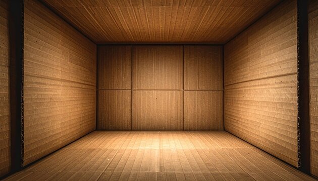 Inside view of an empty brown corrugated cardboard shipping box, detailed folded edges and corrugated interior, realistic packaging photography, soft studio lighting, full frame