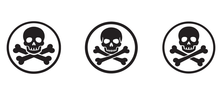 Skull and crossbones danger icon vector for toxic poison warning, hazardous materials, and safety signage.
