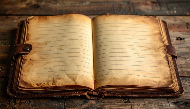 Open vintage leather notebook with lined paper pages, antique journal aesthetic, rustic stationery background, warm natural lighting